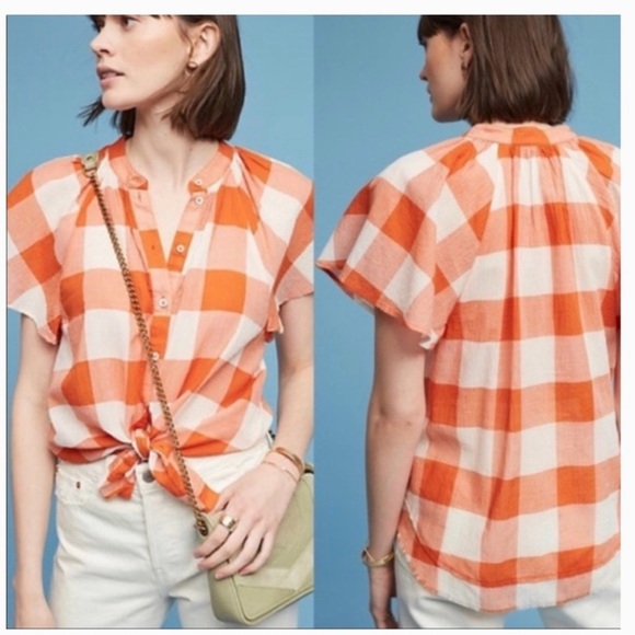 Maeve Tops - Anthropologie Maeve Orange Gingham Button Down Short Sleeve. Size XS
